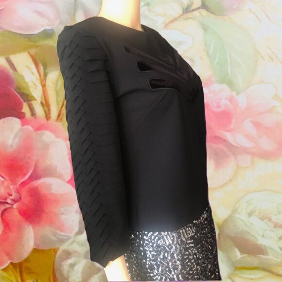 LOVE PARIS PARIS Retro Black Blouse Layered Folded Weave Motif Sleeves Sz S - Picture 5 of 8